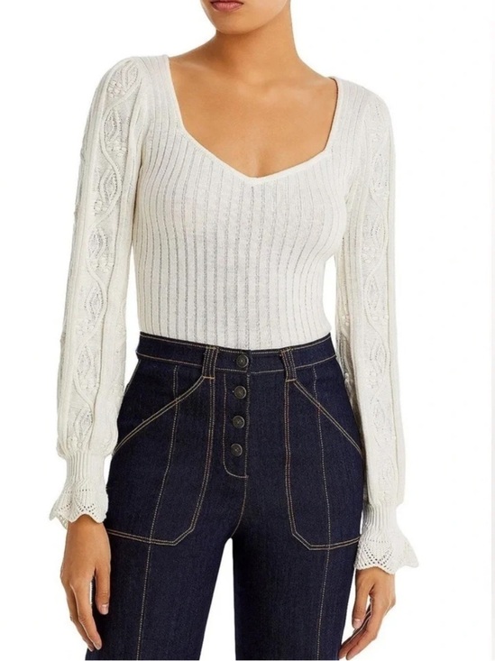 PAIGE Tops - PAIGE Cream Ribbed V-Neck Puff Sleeve Sweater